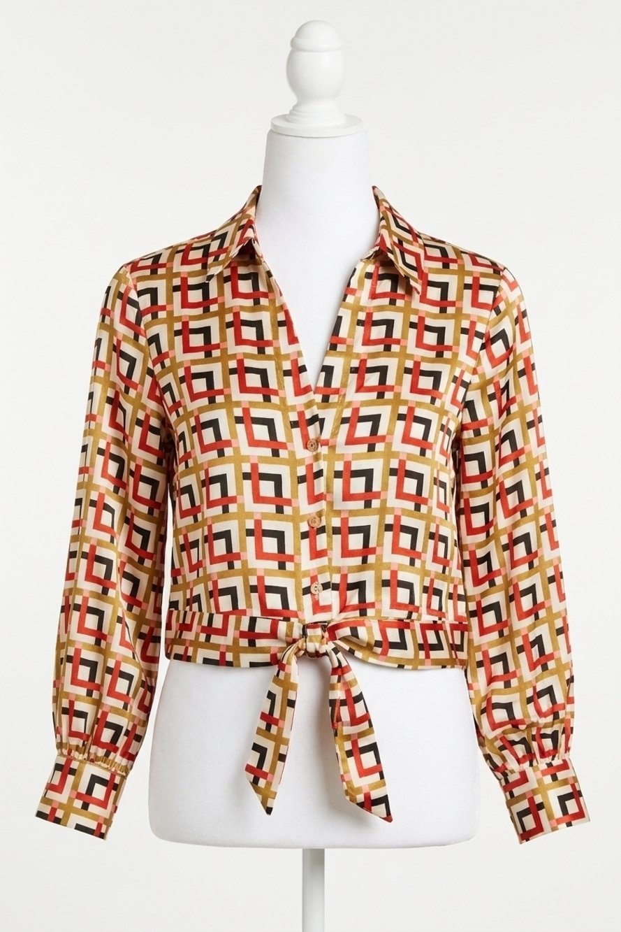 NEW DREW lottie printed tie front blouse in retro